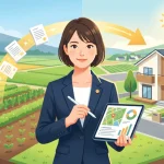 農地から宅地や店舗へ用途変更（農地転用）されるイメージと、図面やデータが入ったタブレットを持ち、手続きをサポートする女性行政書士のイラスト。