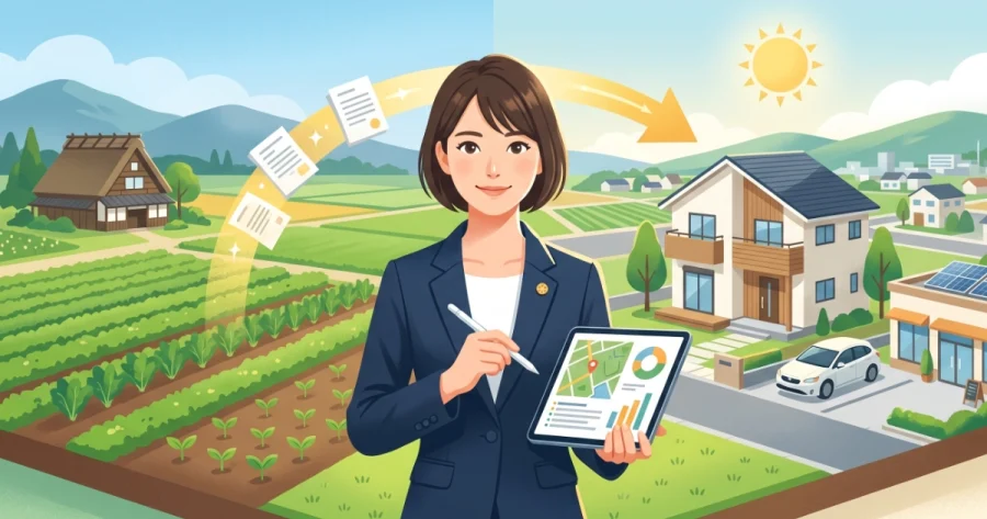 農地から宅地や店舗へ用途変更（農地転用）されるイメージと、図面やデータが入ったタブレットを持ち、手続きをサポートする女性行政書士のイラスト。