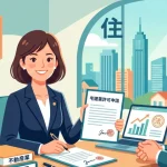 明るいオフィスで、街並みを背景にクライアントと書類を確認しながら宅建業許可申請のアドバイスを行う行政書士のイラスト