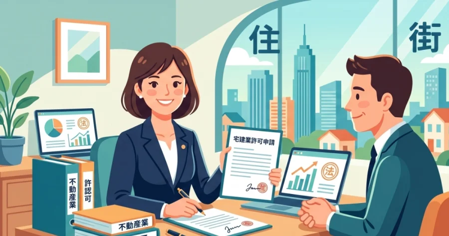 明るいオフィスで、街並みを背景にクライアントと書類を確認しながら宅建業許可申請のアドバイスを行う行政書士のイラスト