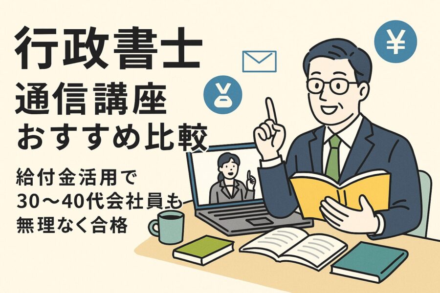 行政書士通信講座の比較を紹介するイラスト。30～40代の会社員がオンラインで学習し、給付金制度を活用する様子を描いている。