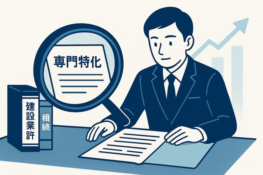 拡大鏡で専門書類を確認する行政書士と「建設業許可」「相続」の法令書、右奥に成長を示す上向きグラフが描かれた専門特化を象徴する横長イラスト