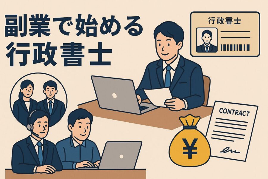 スーツ姿の男性がパソコンで書類を作成する様子や、行政書士のIDカード、契約書とお金のイメージを組み合わせた副業行政書士の業務を表すイラスト
