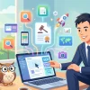 ノートパソコンでホームページを自作する行政書士のイラスト。画面から書類や検索、SEOのアイコンが飛び出し、インターネット集客の広がりを表現しています。