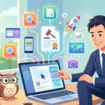 ノートパソコンでホームページを自作する行政書士のイラスト。画面から書類や検索、SEOのアイコンが飛び出し、インターネット集客の広がりを表現しています。