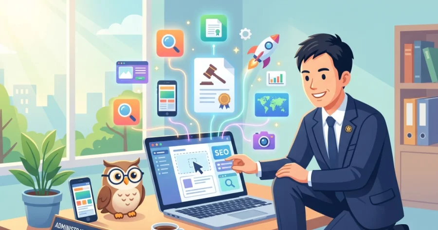 ノートパソコンでホームページを自作する行政書士のイラスト。画面から書類や検索、SEOのアイコンが飛び出し、インターネット集客の広がりを表現しています。