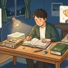 夜の書斎で「肢別過去問集」を読み込む男性のイラスト。左側には「3ヶ月合格」などの短期目標が、右側には合格後の成功や開業への道が浮いています。