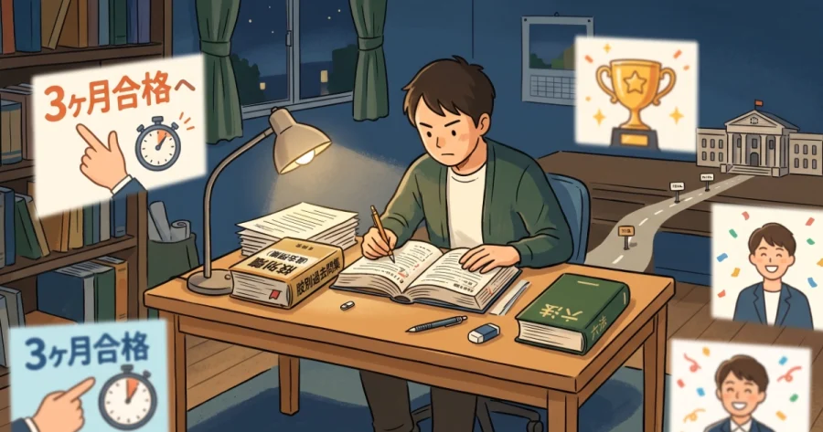 夜の書斎で「肢別過去問集」を読み込む男性のイラスト。左側には「3ヶ月合格」などの短期目標が、右側には合格後の成功や開業への道が浮いています。