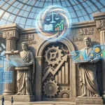 行政書士が担う「法務（守り）」と、中小企業診断士が担う「経営（攻め）」の2つの専門性が融合するコンセプトアート。巨大な歯車と神殿の柱を背景に、法律の巻物を持つ像と経営データのグラフを持つ像が並び立ち、ダブルライセンスによる強力なビジネス支援と権威性を表現したイラスト。