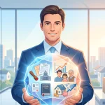 近代的なオフィスに立つ頼もしい男性専門家が、行政手続き（書類や役所、印鑑）とFP業務（家族のライフプラン、住宅、資産運用のグラフ）を象徴するアイコンが統合された光るオブジェクトを手に持つイラスト。行政書士とファイナンシャルプランナーのダブルライセンスがもたらすシナジー効果を表現しています。