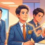 本業の会社員と並行して、副業・週末起業で行政書士の書類作成やオンライン申請業務を行う男性のイラスト