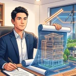 法律書が並ぶ行政書士事務所で、建築図面（青写真）と許認可書類を広げて仕事をする男性のイラスト。行政書士と建築士のダブルライセンスによって実現する、設計から申請までのワンストップサービスを象徴しています。