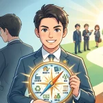 行政書士の独立開業における「専門特化」の重要性を表したイラスト。何でも屋として大量の書類に追われる姿と、専門分野に絞って顧客から信頼され成功する最短ルートへの道のりを対比して描いています。