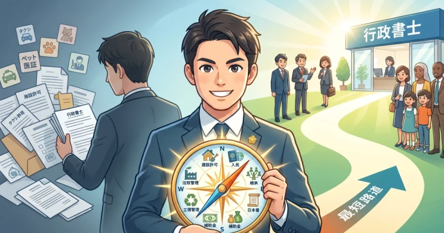 行政書士の独立開業における「専門特化」の重要性を表したイラスト。何でも屋として大量の書類に追われる姿と、専門分野に絞って顧客から信頼され成功する最短ルートへの道のりを対比して描いています。