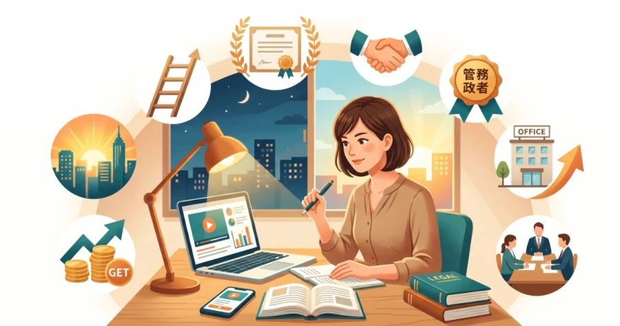 夜の隙間時間を利用してパソコンとスマホで行政書士の通信講座を受講し、給付金の活用や資格取得による独立開業、キャリアアップを目指して勉強する社会人のイラスト