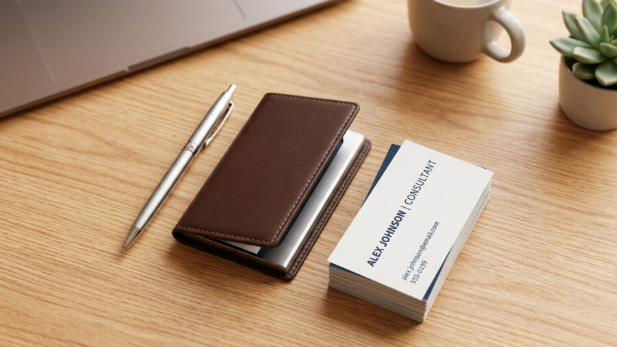 清潔感のあるデスクに、真新しい名刺入れと名刺が置かれている様子。新人行政書士としての希望に満ちた第一歩を象徴します。