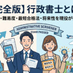 ブログ記事「【完全版】行政書士とは？」専用のアイキャッチ画像。左側には資格取得に向けた勉強のプロセスや最短合格へのステップを、右側には街のビジネスサポート、国際業務、最新のAI・IT活用といった実際の業務内容と将来性を、親しみやすいフラットイラストで網羅的に表現しています。