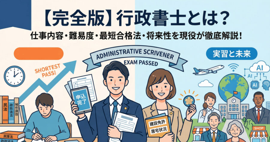ブログ記事「【完全版】行政書士とは？」専用のアイキャッチ画像。左側には資格取得に向けた勉強のプロセスや最短合格へのステップを、右側には街のビジネスサポート、国際業務、最新のAI・IT活用といった実際の業務内容と将来性を、親しみやすいフラットイラストで網羅的に表現しています。