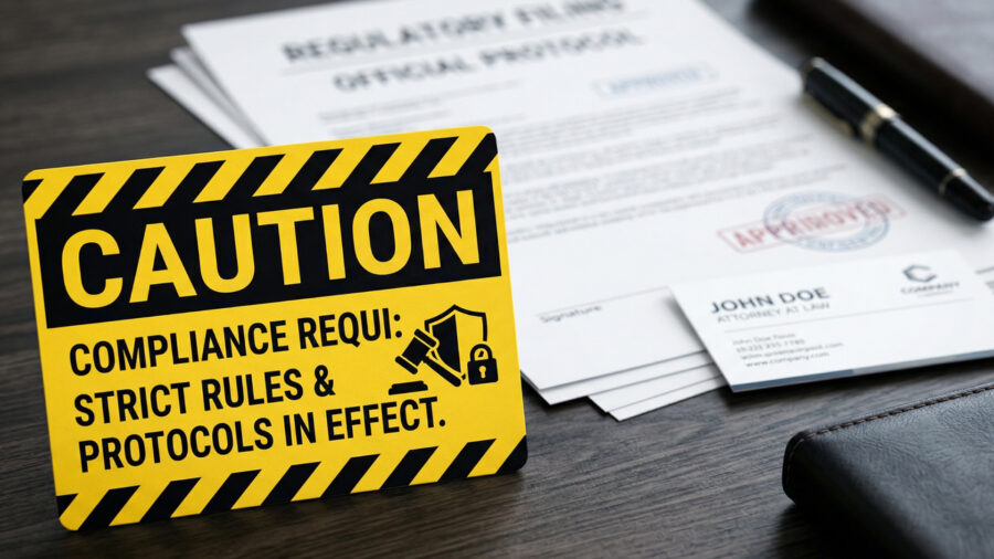 ぼかされた書類や名刺の上に、黄色や赤を基調とした「CAUTION（注意）」のアイコンやマークが配置された、少し緊張感のあるグラフィック画像。