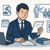 スーツ姿の行政書士がデスクに座り、左手に書類を、右手をノートパソコンに置いて業務中。背景には顧問契約を示す握手アイコン、成年後見人を示す裁判ハンマーアイコン、建設業許可を示すパーミットアイコン、会計記帳を示す電卓とペンのアイコン、定期提出を示すカレンダーアイコン、講師業を示す講義ホワイトボードアイコンなど、複数の業務を表す青系アイコンが円環状に並んでいるミニマルなフラットイラスト。