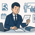 スーツ姿の行政書士がデスクに座り、左手に書類を、右手をノートパソコンに置いて業務中。背景には顧問契約を示す握手アイコン、成年後見人を示す裁判ハンマーアイコン、建設業許可を示すパーミットアイコン、会計記帳を示す電卓とペンのアイコン、定期提出を示すカレンダーアイコン、講師業を示す講義ホワイトボードアイコンなど、複数の業務を表す青系アイコンが円環状に並んでいるミニマルなフラットイラスト。