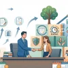 行政書士のストック型業務への転換を示すビジネスモデルイラスト。デスクで握手する男性と女性の行政書士。左側に単発プロジェクトの「フロー」、右側に継続案件（顧問契約、更新管理、外国人労働者、ドローン、CCUS）の「ストック」が積み木のように積み上がり、木と安定経営を示す上向きグラフが成長している。前景にはカレンダーとコインの山。