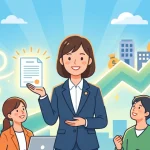 行政書士徽章をつけたスーツ姿の女性が法的書類を持ち、その周囲に製造業、IT、飲食業など多様な業種の経営者が立ち、背景には事業成長と資金調達を象徴する上向きの大きな矢印とお金の袋が描かれた、温かみのある現代的なイラスト。