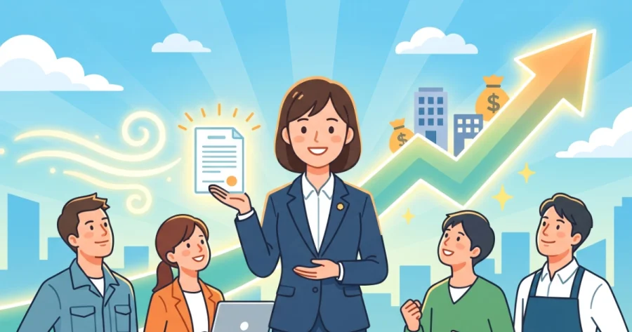 行政書士徽章をつけたスーツ姿の女性が法的書類を持ち、その周囲に製造業、IT、飲食業など多様な業種の経営者が立ち、背景には事業成長と資金調達を象徴する上向きの大きな矢印とお金の袋が描かれた、温かみのある現代的なイラスト。