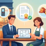 飲食店営業許可の実務について、タブレットで図面を見ながら飲食店オーナーに説明する行政書士のイラスト