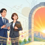 令和8年の行政書士法改正によるクリーンな新市場（開かれた扉と日の出）に向かって進む、タブレットと六法全書を持った男女の行政書士のイラスト。デジタル化と追い風を象徴するデザイン。