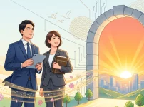 令和8年の行政書士法改正によるクリーンな新市場（開かれた扉と日の出）に向かって進む、タブレットと六法全書を持った男女の行政書士のイラスト。デジタル化と追い風を象徴するデザイン。