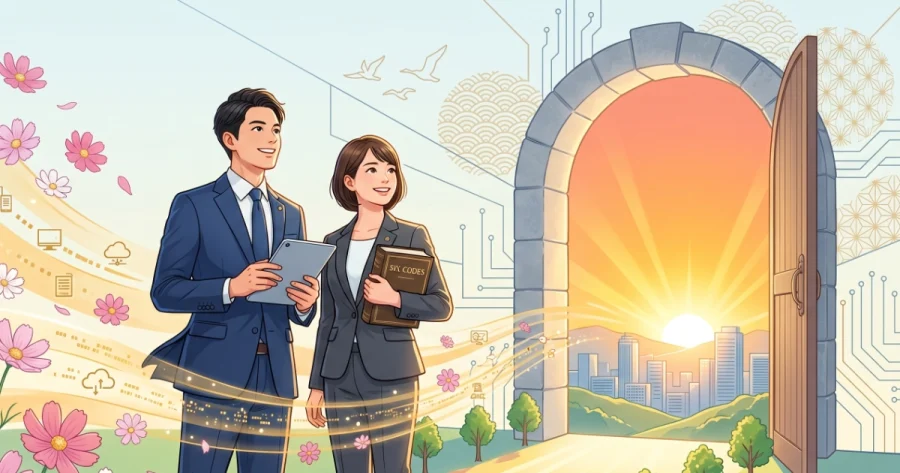 令和8年の行政書士法改正によるクリーンな新市場（開かれた扉と日の出）に向かって進む、タブレットと六法全書を持った男女の行政書士のイラスト。デジタル化と追い風を象徴するデザイン。