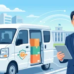 書類とタブレットを手にした笑顔の行政書士と、荷物が積まれた黒ナンバーの軽バン（軽貨物車両）のイラスト。官公庁を背景に、貨物軽自動車運送事業届出の手続きや実務をサポートする様子を表現しています。