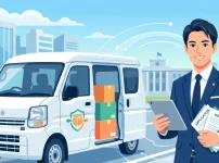 書類とタブレットを手にした笑顔の行政書士と、荷物が積まれた黒ナンバーの軽バン（軽貨物車両）のイラスト。官公庁を背景に、貨物軽自動車運送事業届出の手続きや実務をサポートする様子を表現しています。