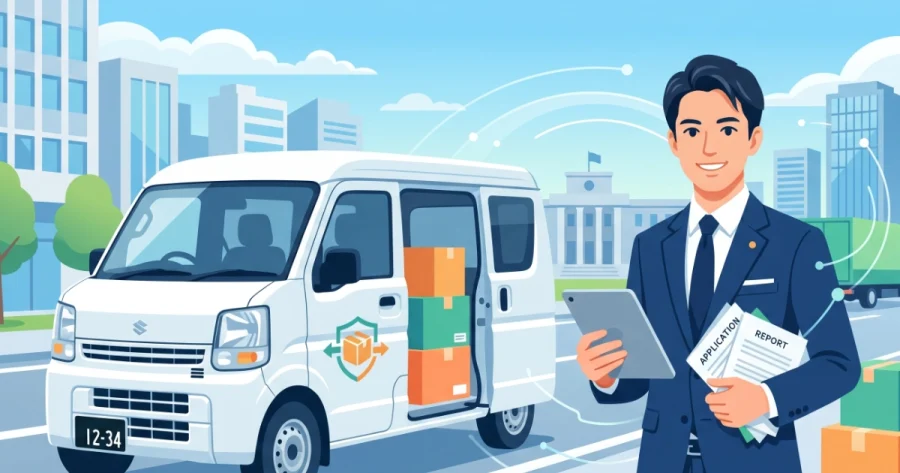 書類とタブレットを手にした笑顔の行政書士と、荷物が積まれた黒ナンバーの軽バン(軽貨物車両)のイラスト。官公庁を背景に、貨物軽自動車運送事業届出の手続きや実務をサポートする様子を表現しています。