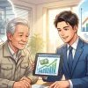 作業着姿の中小企業経営者に対して、行政書士がタブレットで右肩上がりの事業計画書を提示し、補助金申請の相談に乗っているイラスト。経営者は工場の設備投資を、行政書士は企業の成長を思い描いている。