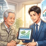 作業着姿の中小企業経営者に対して、行政書士がタブレットで右肩上がりの事業計画書を提示し、補助金申請の相談に乗っているイラスト。経営者は工場の設備投資を、行政書士は企業の成長を思い描いている。