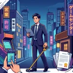 行政書士の魅力的な専門分野「風俗営業許可申請」の実務を表現したアイキャッチイラスト。夜の繁華街を背景に、中央の行政書士が、スナック、ゲームセンター、ナイトクラブなどの開業に必要な立地調査、構造確認（距離計・スマホ）、書類作成（許可証・メダル）、顧客との信頼（握手）を地道に行い、店舗の適法な経済活動をサポートする様子を描いている。