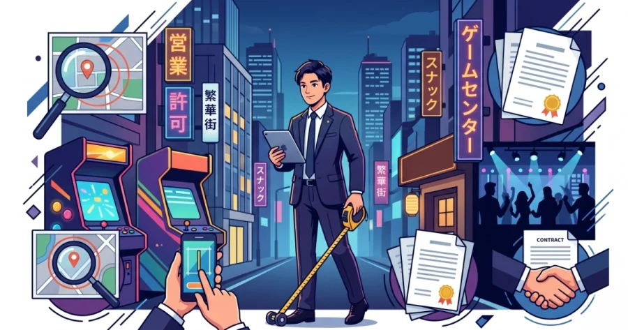 行政書士の魅力的な専門分野「風俗営業許可申請」の実務を表現したアイキャッチイラスト。夜の繁華街を背景に、中央の行政書士が、スナック、ゲームセンター、ナイトクラブなどの開業に必要な立地調査、構造確認（距離計・スマホ）、書類作成（許可証・メダル）、顧客との信頼（握手）を地道に行い、店舗の適法な経済活動をサポートする様子を描いている。