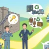 行政書士が、鎖で閉ざされた扉（許可申請の壁）と古びたゴミ収集車を前に困惑する顧客（作業員）に、クリーンなゴミ収集車、明るい街並み、そしてリサイクル、リユース、M&A、コンサルティングといったビジネス成功の可能性を示す未来を提案するイラスト。