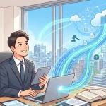 コスモスのピンバッジを着用した若い男性の行政書士が、明るいオフィスのデスクでノートパソコンとタブレットを操作しているイラスト。パソコンから高速ファイバーを象徴する光る線が伸び、クラウドと窓の外のスマートシティへと繋がっている。データフローに沿ってリーガルテックを象徴する天秤や法槌のアイコンが浮かんでいる。