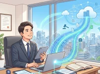 コスモスのピンバッジを着用した若い男性の行政書士が、明るいオフィスのデスクでノートパソコンとタブレットを操作しているイラスト。パソコンから高速ファイバーを象徴する光る線が伸び、クラウドと窓の外のスマートシティへと繋がっている。データフローに沿ってリーガルテックを象徴する天秤や法槌のアイコンが浮かんでいる。