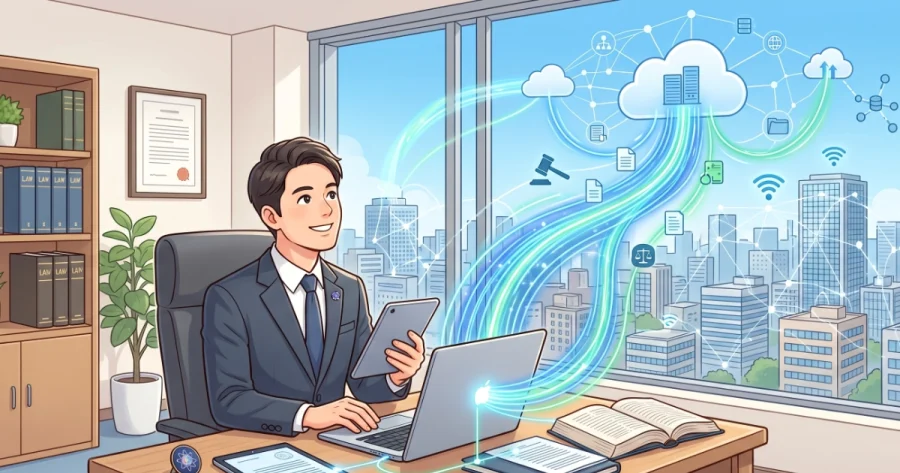 コスモスのピンバッジを着用した若い男性の行政書士が、明るいオフィスのデスクでノートパソコンとタブレットを操作しているイラスト。パソコンから高速ファイバーを象徴する光る線が伸び、クラウドと窓の外のスマートシティへと繋がっている。データフローに沿ってリーガルテックを象徴する天秤や法槌のアイコンが浮かんでいる。