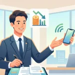 行政書士開業時の事務所電話をスマートフォンで運用するメリット（コスト削減、機動力、インターネットFAX、事務所要件）を表現したイラスト。