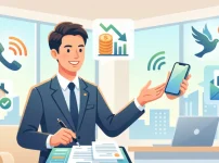 行政書士開業時の事務所電話をスマートフォンで運用するメリット（コスト削減、機動力、インターネットFAX、事務所要件）を表現したイラスト。