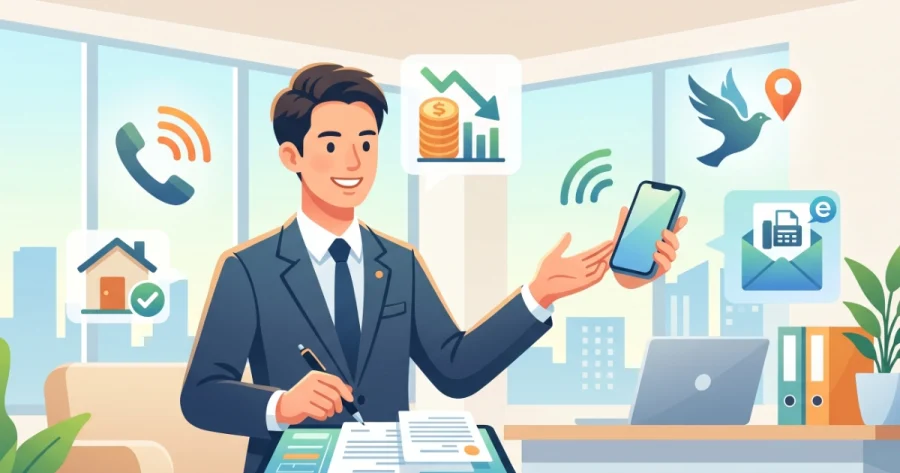 行政書士開業時の事務所電話をスマートフォンで運用するメリット（コスト削減、機動力、インターネットFAX、事務所要件）を表現したイラスト。