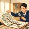 古い戸籍謄本や専門書に囲まれた事務所で、ルーペを用いて巻物の家系図を丁寧に調査・作成する行政書士のイラスト