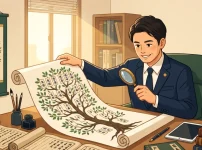 古い戸籍謄本や専門書に囲まれた事務所で、ルーペを用いて巻物の家系図を丁寧に調査・作成する行政書士のイラスト