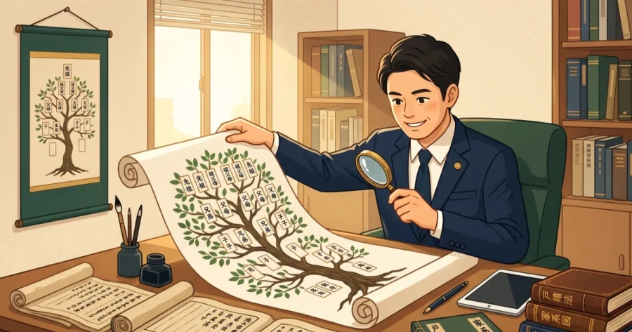古い戸籍謄本や専門書に囲まれた事務所で、ルーペを用いて巻物の家系図を丁寧に調査・作成する行政書士のイラスト