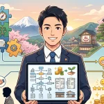 笑顔の男性行政書士を中心に、宿泊施設開業のサポート業務全体を描いたイラスト。手元のタブレットには業務フロー、建築図面、補助金を示すアイコンが表示されている。左側には物件調査や建築士・消防署との事前相談などの準備プロセス、右側には完成した旅館やグランピング施設、笑顔の顧客、高評価、収益などの成果が配置されている。背景には富士山と桜が描かれた、テキストなしの分かりやすい構成。